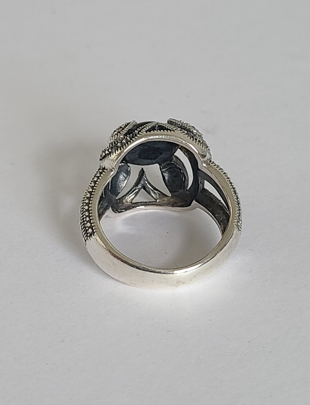 Vintage Boho Sterling Silver Black Onyx Floating Cabochon Marcasite Crystal Ring - Picture 6 of 14
